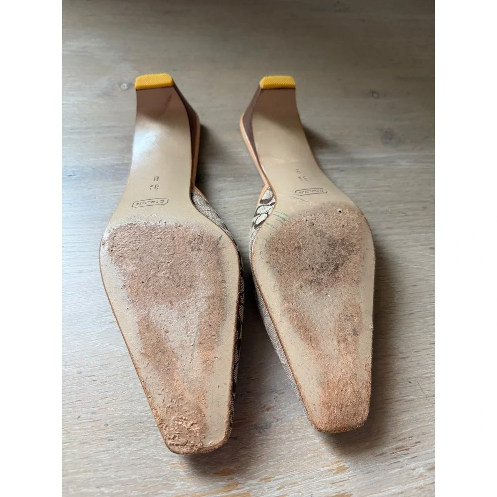 Coach Signature Monogram Canvas Kitten Heel Mules Brown Tan square Toe 8.5 B